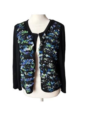Peter Nygard Cardigan Sweater Size Medium Cotton Blend Black Blue Green Purple